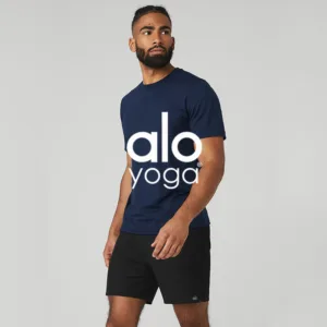 Aloyoga Summer Ice Silk Breathable Short Sleeve T-shirt Round Neck Solid Color Sports Running Men’s Speed Drying Moisture wicking Top [Brand] ALO