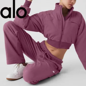 ALO Original Logo Official Website Sports Set Stand up Collar Shake Fleece Thickened Running Hoodie Over Baseball Jacket Two Piece Set for Women [Brand] ALO