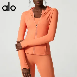 Alo Yoga cross-border new waist cinching slim zipper hooded sports jacket women’s nude long sleeved fitness yoga suit Brand: Alo Yoga