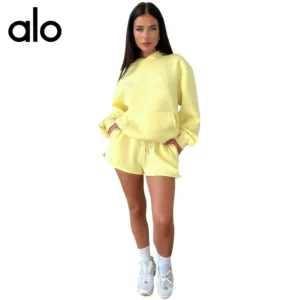 Aloyoga Cross border Europe and America Autumn/Winter Solid Color Sports Long Sleeve Set Loose Casual Hoodie Fitness Clothes for Women [Brand] ALO