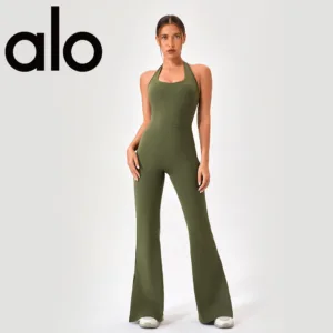 Aloyoga original yoga uniform jumpsuit for women, including chest cushion, beautiful back, neck hanging, slit jumpsuit, sports bell bottom pants