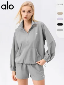 Aloyoga European and American autumn sportswear set, loose stand up collar, half zipper long sleeved, high stretch, quick drying running shorts [Brand] ALO