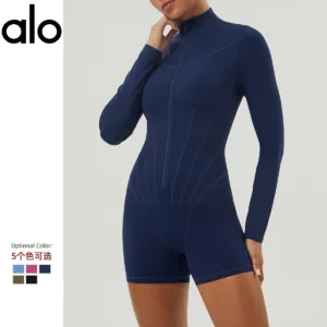 Aloyoga Cross border European and American Fishbone Waist Yoga Long Sleeve Stand up Collar Half Zipper Slimming and slimming jumpsuit [Brand] ALO