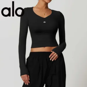 Alo yoga t-shirt for autumn and winter quick drying exercise long sleeved V-neck sexy slimming fitness top training suit