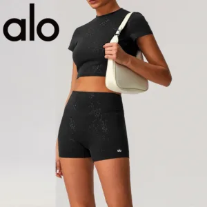 Alo original yoga shorts, high waisted and hip lifting nude fitness pants, silver hot stamping process yoga pants, quick drying sports shorts