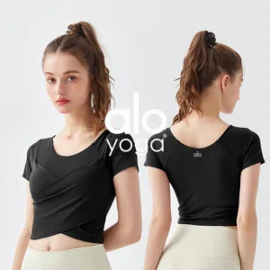 Alo yoga sportswear for women, quick drying running, casual short sleeved with chest cushion, short cross fitness top for summer