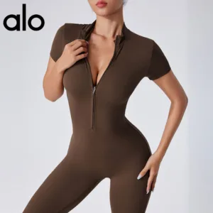 Alo Yoga’s new European and American style open neck zipper aerial yoga suit, waist cinching and hip lifting fitness short sleeved jumpsuit