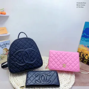 Chanel European & American Luxury Brand 3-Piece Set: Backpack + Fortune Bag + Wallet
