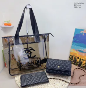 Chanel European & American Luxury Brand 3-Piece Set: Jelly Shopping Tote + Classic Quilted “Fortune” Bag with Chain + Wallet.