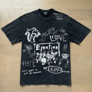 G MIXED EMOTION Washed Black Rhinestone T-Shirt – 250g Heavyweight Cotton Loose Fit Streetwear Tee【0107】