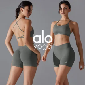 ALO seamless solid color cross back high elasticity tight fitting sports bra yoga suit set running fitness two-piece set