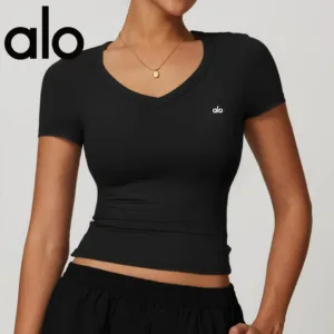 Alo yoga original yoga outfit short sleeved V-neck tight fitting slimming training top for outerwear running speed drying sports T-shirt