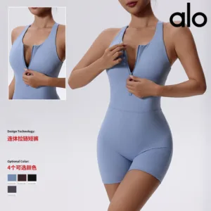 Aloyoga summer European and American herringbone zipper sports shorts jumpsuit, hip lifting dance aerial yoga suit