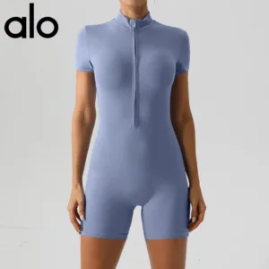 Aloyoga Cross border Spring/Summer Naked Half Zipper Waist jumpsuit Short sleeved Women’s European and American slim fit aerial yoga suit