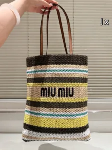 Miu Miu Summer Limited Edition Straw Beach Bag – Blue & Apricot Woven Tote (Small Size 32×40)[1802]