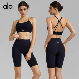 alo European and American nude yoga wear set for women, tight and slimming fitness breathable running underwear, two-piece sports set