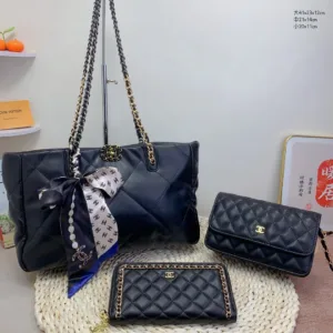 Chanel European & American Luxury Brand 3-Piece Set: Shopping Tote + Fortune Bag + Wallet