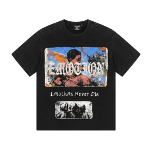 MIXED EMOTION Washed Black Rhinestone T-Shirt – 250g Heavyweight Cotton Loose Fit Streetwear Tee【0102】