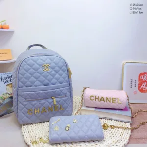 Chanel European & American Luxury Brand 3-Piece Set: Backpack + Gold Ball Barrel Bag + Wallet