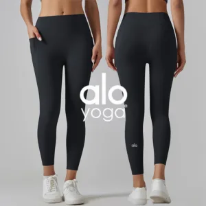 Aloyoga’s new high waisted and abdominal cinching Lycra high stretch antibacterial nude sports and fitness pants, with a loop and yoga pants