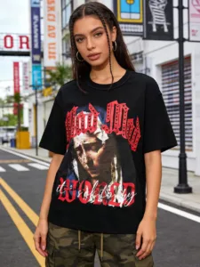 RARE PEACE Mad World Cropped Tee – Washed Black with Studs & Acid Wash Effect【1015】