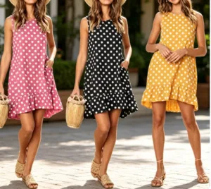 Summer Ruffled Polka Dot Midi Dress for Women Casual Sleeveless O-Neck Loose Fit Tops Beach Dress