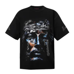 RARE PEACE God’s Tear Graphic Crop Tee – Vintage Washed Black with Rhinestones & Exposed Seams【1021】