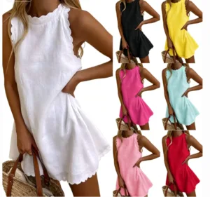 Women’s Casual Mini Dress Solid Color Sleeveless Chiffon Natural Waist Woven Plain Dyed Washable A-line Summer