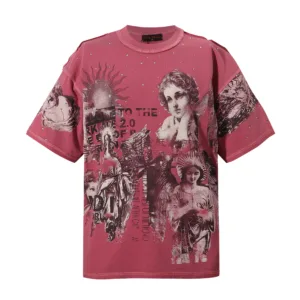 RARE PEACE Statues Crop Graphic Tee – Vintage Washed Purple Red with Rhinestones & Exposed Seams【1018】