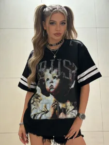 RARE PEACE Little Angel Graphic Crop T-shirt – Washed Black with Rhinestones & Exposed Seams【1005】