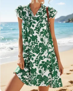 New Women Polyester Fashion Leaf Print V-neck Ruffle Short Sleeve Summer Daily Loose Waist Holiday Midi Lady Casual Dress