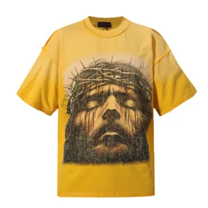 RARE PEACE For Your Sins Graphic Crop T-shirt – Acid Wash Yellow with Rhinestones & Distressed Details【1009】