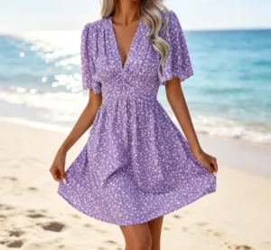 High Waisted Floral Pleated Dress Printed Mid Sleeve Sexy V-Neck High Waist Chiffon Print Dresses for Women   for Summer【5838】