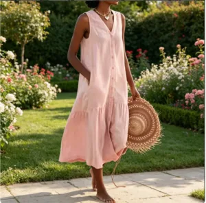 Summer Spring Woman Solid Color Cotton Sling Style Commuting Trend Long Dress Pure Color Loose Waist Dress