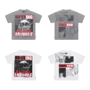 FIRST ROW BREAKING NEWS BURNING FLAMES CROPPED TEE – Trendy Rhinestone Streetwear Short Sleeve T-Shirt [F506]