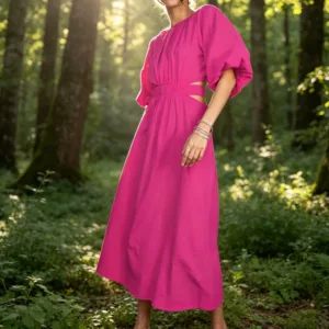 Holiday Style  Hollow-out Design Summer Cotton Dresses Short  Hollow Waist Exposed Round Neck Bubble Sleeve Dress High Waist【5853】